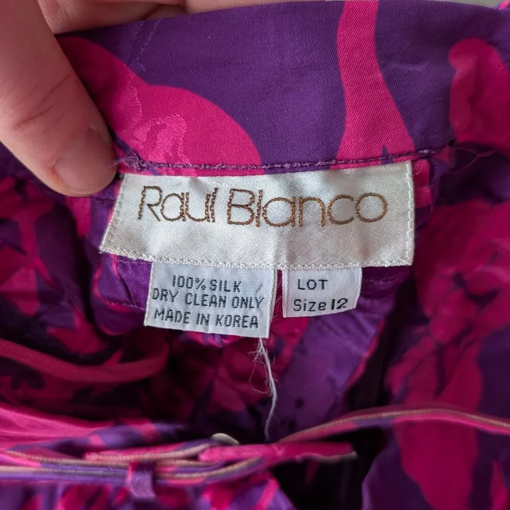 Vintage 80s Silk Raul Blanco Pink Purple Long Sleeve Midi Skirt Matching Set